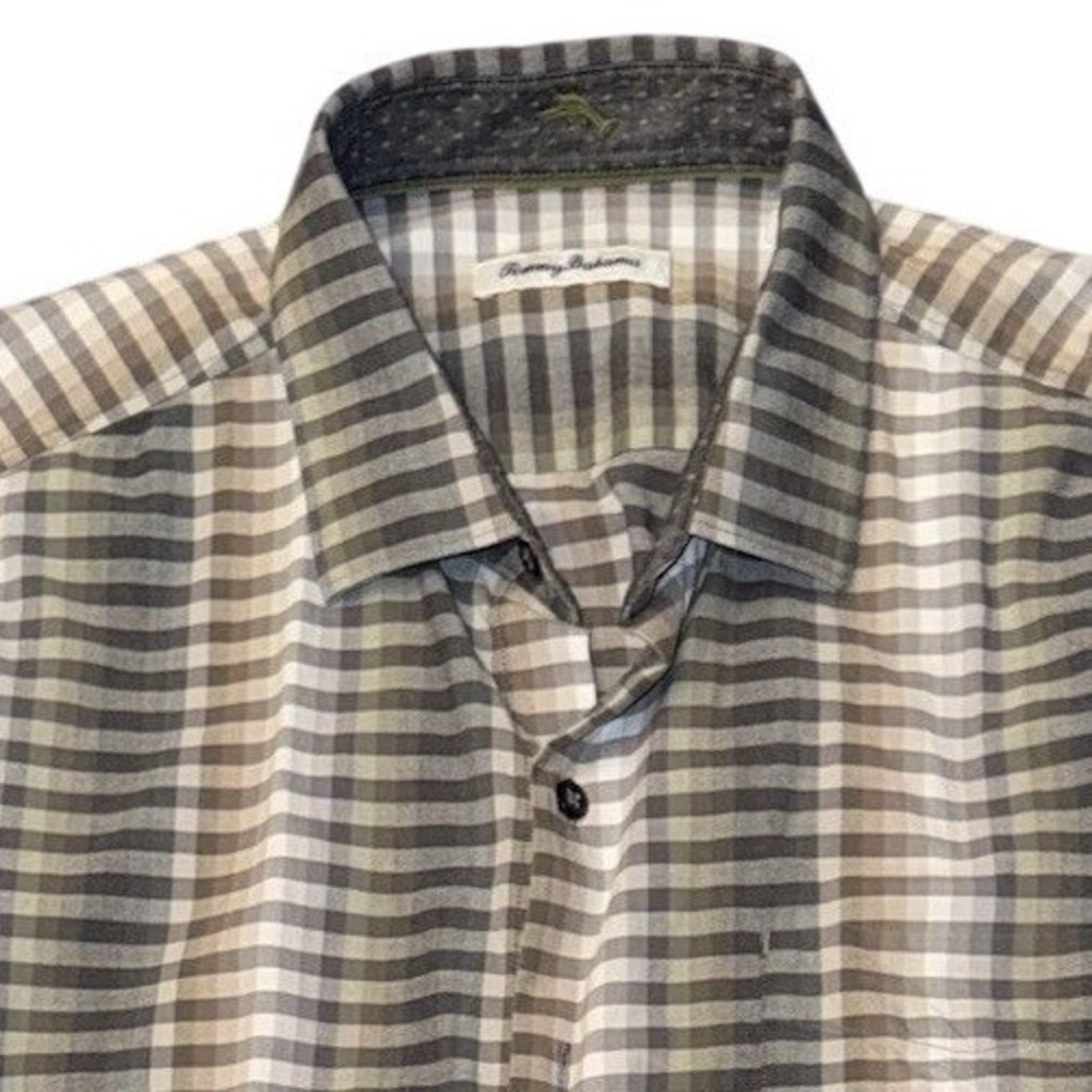 Tommy Bahama Mens Green Tan‎ Striped Shirt Size L Date Night Casual Dancing Club